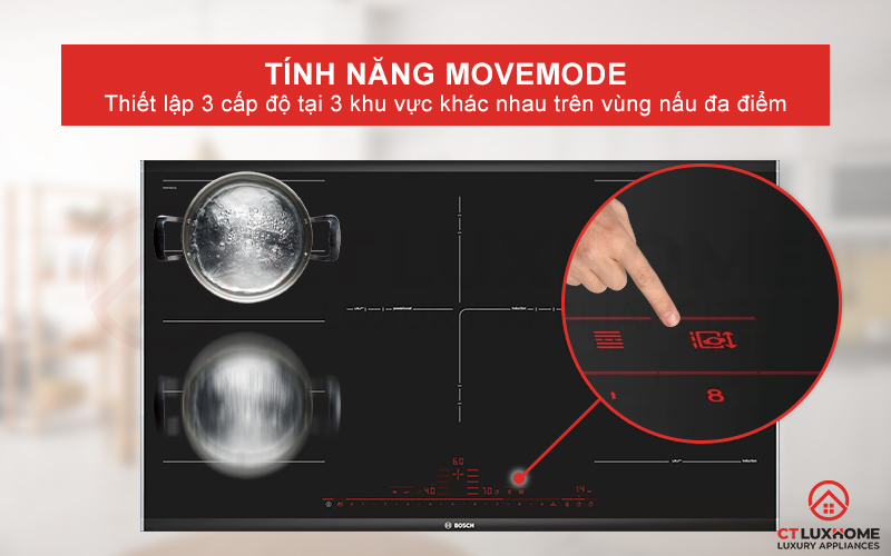 Thiết lập 3 mức cấp độ khác nhau trên vùng nấu đa điểm với tính năng MoveMode