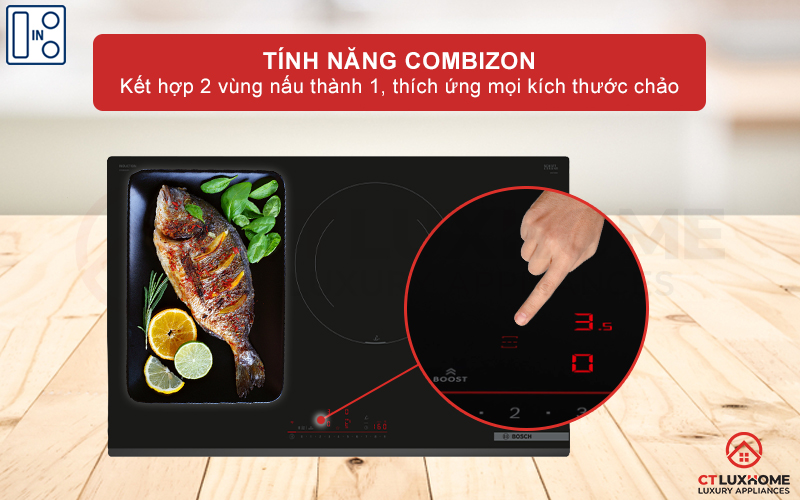 Kết hợp hai vùng nấu cảm ứng để làm nóng các dụng cụ nấu ăn lớn với CombiZone 