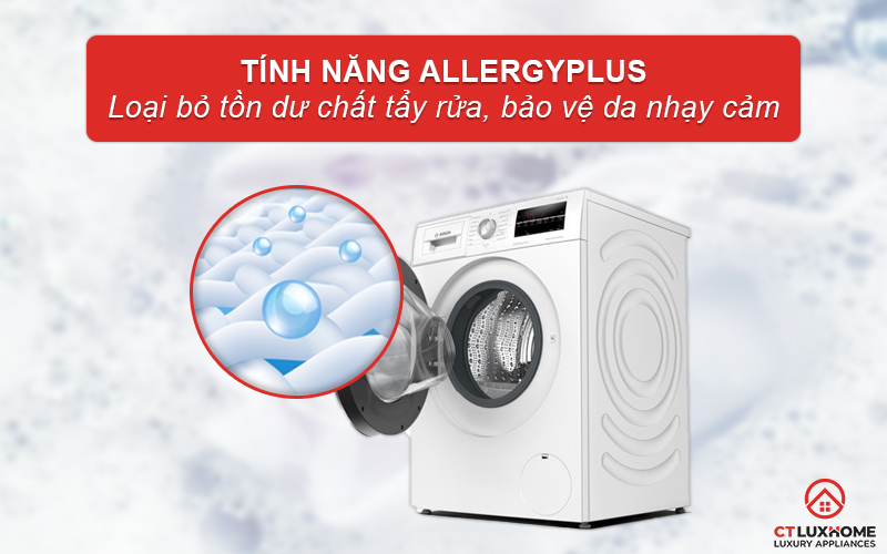Công nghệ Allergy Plus trên máy giặt sấy WNA14400SG giúp loại bỏ tồn dư chất tẩy rửa.