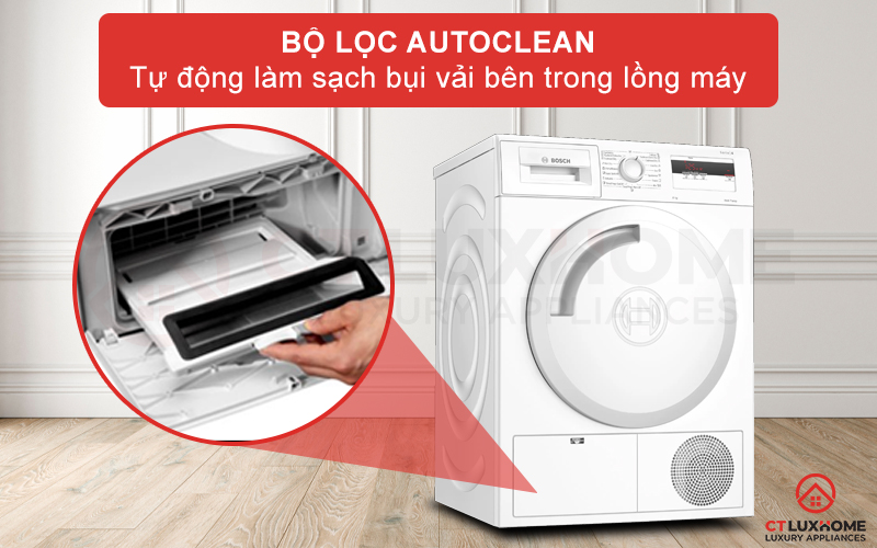 AutoClean tự động làm sạch bụi vải sẽ giúp máy sấy hoạt động ổn định trong thời gian dài, tuổi thọ máy cũng lâu hơn.
