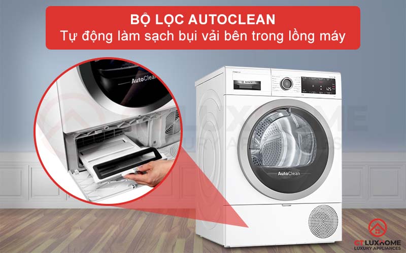 Bộ lọc AutoClean tự động làm sạch bụi vải bên trong lồng máy cho mỗi lần sấy.