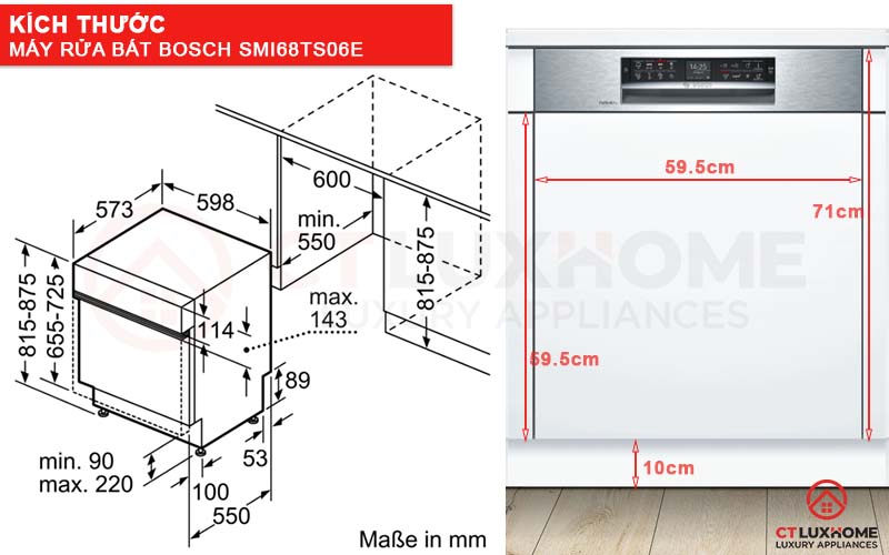 Kích thước máy rửa bát Bosch bán âm SMI68TS06E và tấm ốp gỗ 