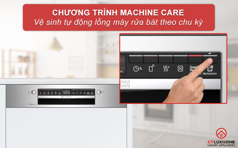 Tính năng Machine Care giúp tự động vệ sinh máy rửa bát Bosch SMI4HCS48E.