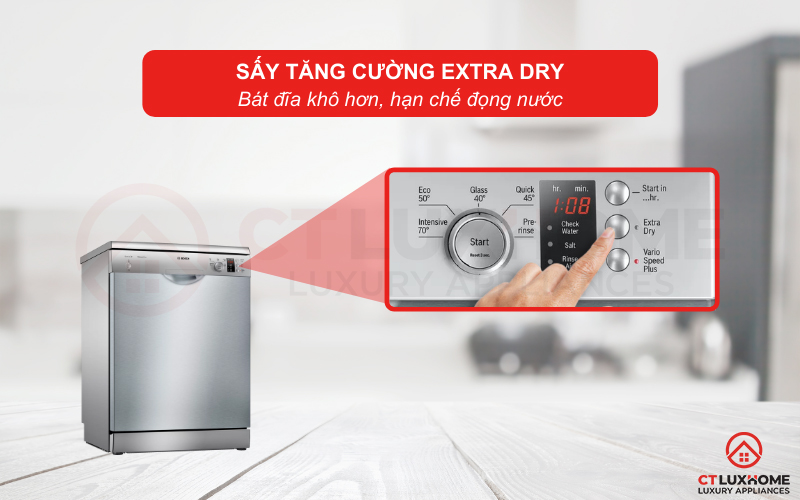 Tính năng sấy tăng cường Extra Dry trên máy rửa chén Bosch SMS25EI00G