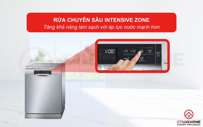 IntensiveZone là tính năng đặc biệt của Máy rửa bát Bosch SMS68TI02E, giúp rửa sạch đồ dùng nhiều cặn bẩn ở giàn dưới cùng