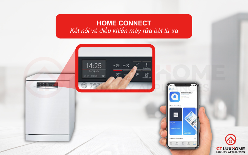Công nghệ Home Connect cho phép người dùng kết nối và điều khiển máy rửa bát từ xa.