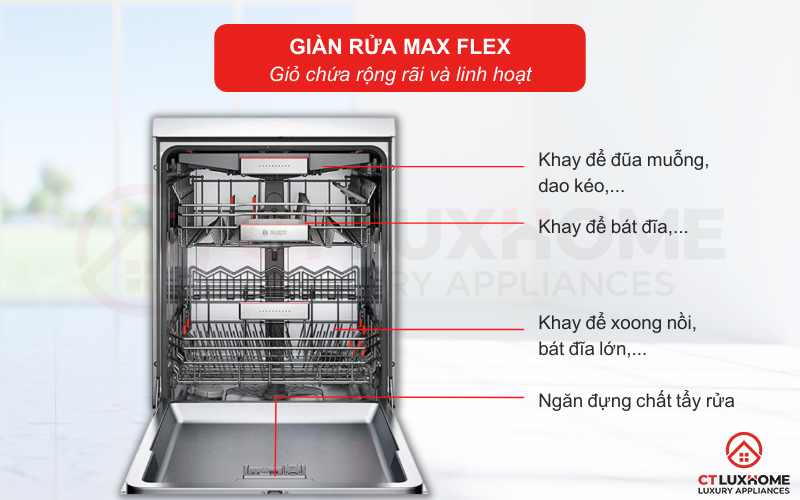 Giàn rửa MaxFlex to, rộng giúp tối ưu được không gian xếp bát