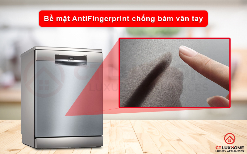 Lớp AntiFingerprint chống bám vân tay trên máy rửa chén Bosch SMS6EDI06E.