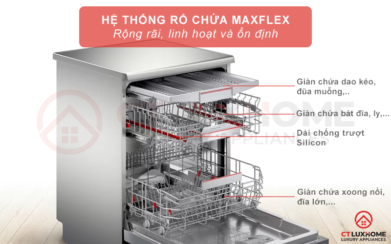 Hệ thống rổ chứa MaxFlex rộng rãi, linh hoạt và ổn định.