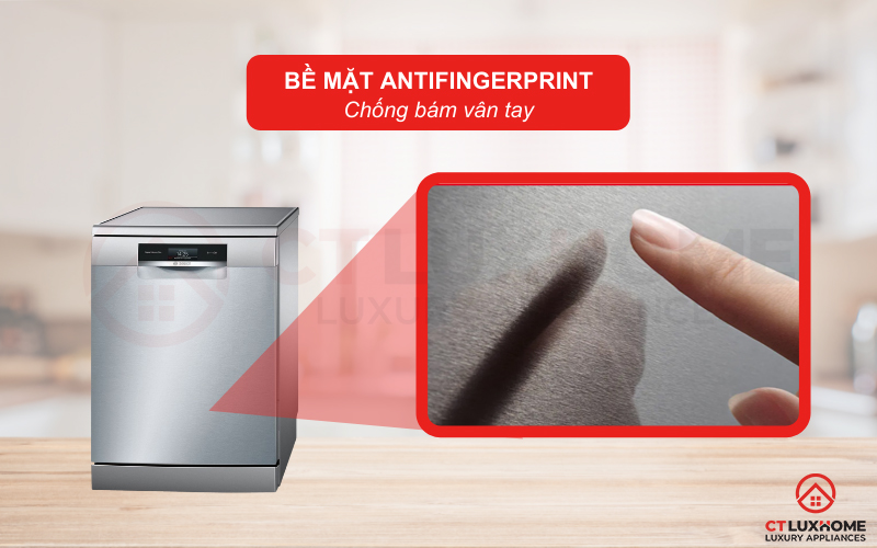Lớp bề mặt AntiFingerprint giúp chống bám vân tay trên máy rửa bát Bosch SMS88TI01E.