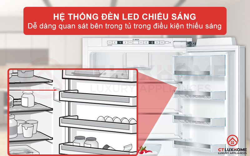 Bên trong khoang tủ được trang bị hệ thống đèn LED chiếu sáng tiện lợi và không gây chói