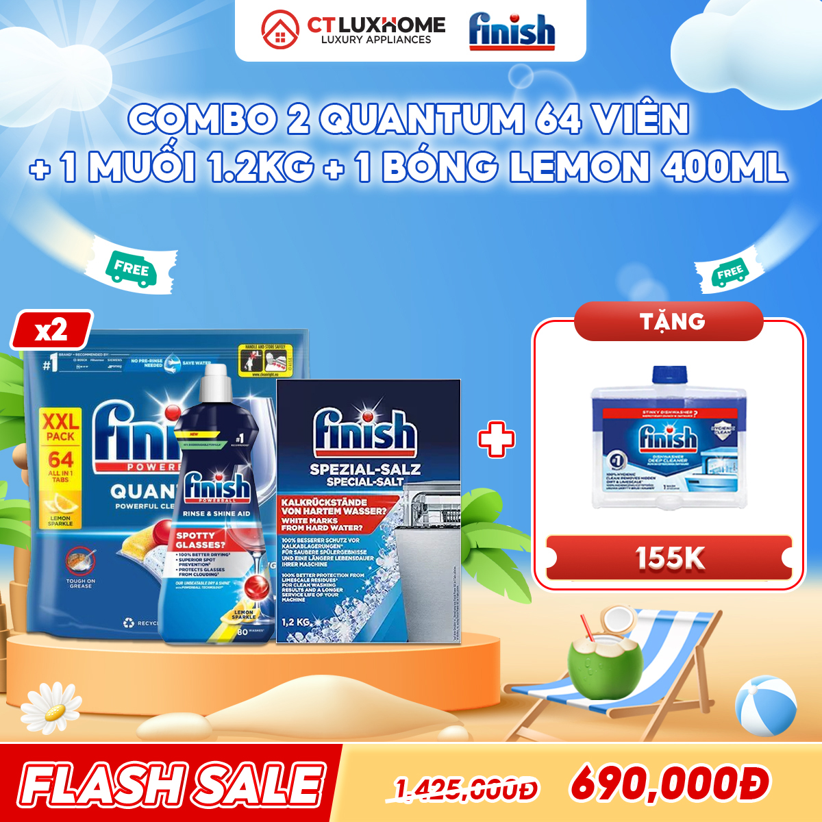 COMBO FINISH 2 Túi viên rửa bát Quantum 64 viên +1 Nước bóng 400ml chanh + 1 Muối 1.2kg
