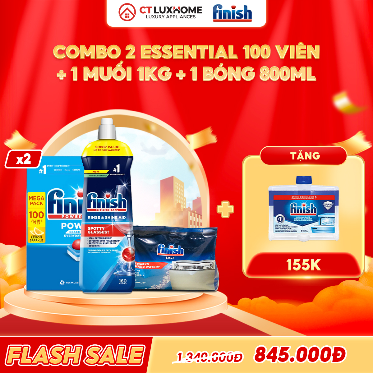 COMBO FINISH 2 Hộp viên rửa bát Essential 100 viên + 1 Nước bóng 800ml chanh + 1 Muối 1kg