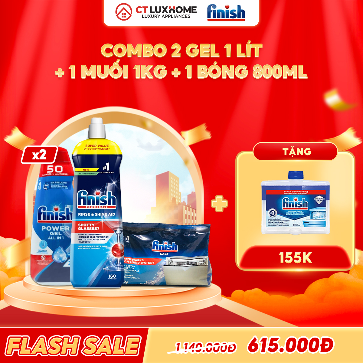 COMBO FINISH 2 Gel Power All in one 1 lít + 1 Nước bóng 800ml + 1 Muối rửa bát 1kg