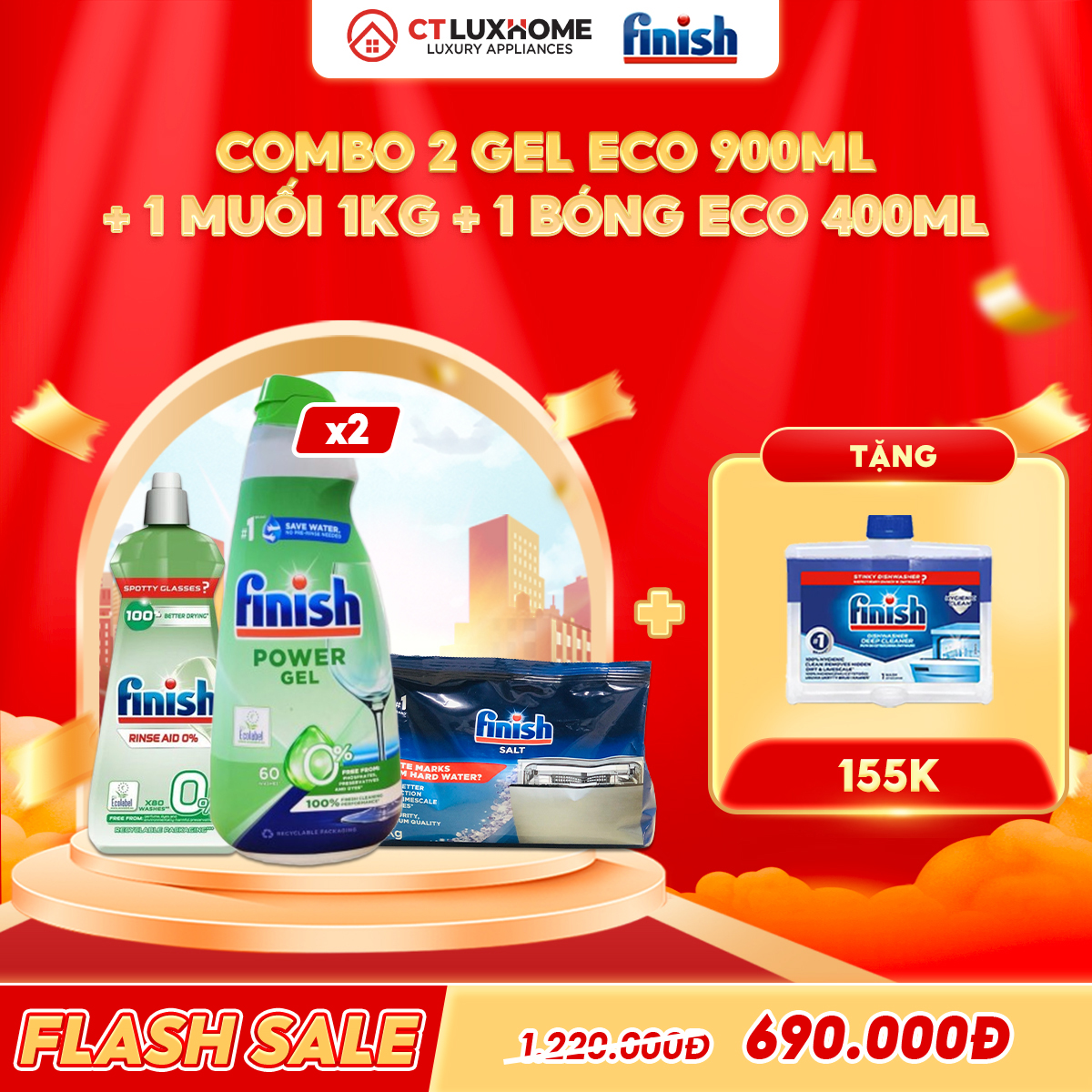 COMBO FINISH 2 Gel rửa bát Eco 900ml + 1 Nước bóng Eco 400ml + 1 Muối 1kg