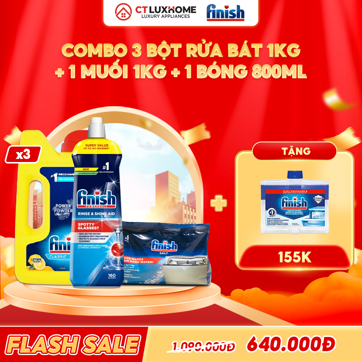 COMBO FINISH 3 Hộp bột rửa bát 1kg + 1 Nước bóng 800ml + 1 Muối rửa bát 1kg