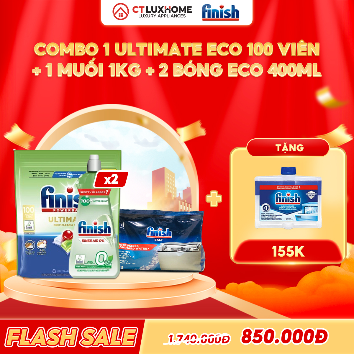 COMBO FINISH 1 Túi viên rửa Ultimate Eco 100 viên + 2 Nước bóng eco 400ml + 1 Muối 1kg