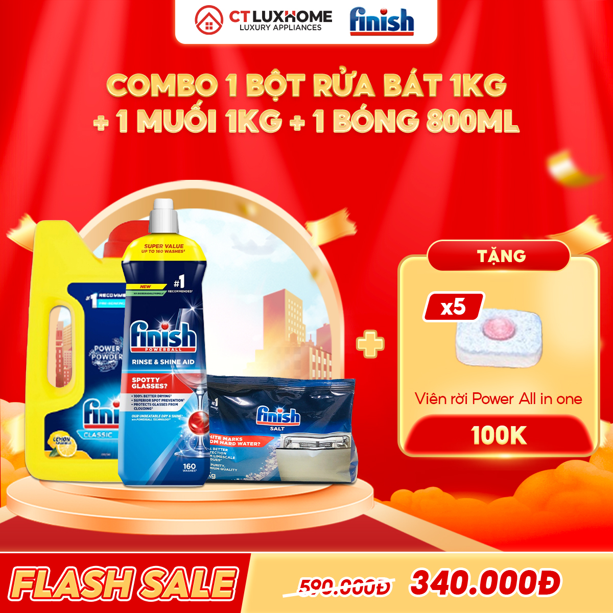 COMBO FINISH 1 Hộp bột rửa bát 1kg + 1 Nước bóng 800ml + 1 Muối rửa bát 1kg