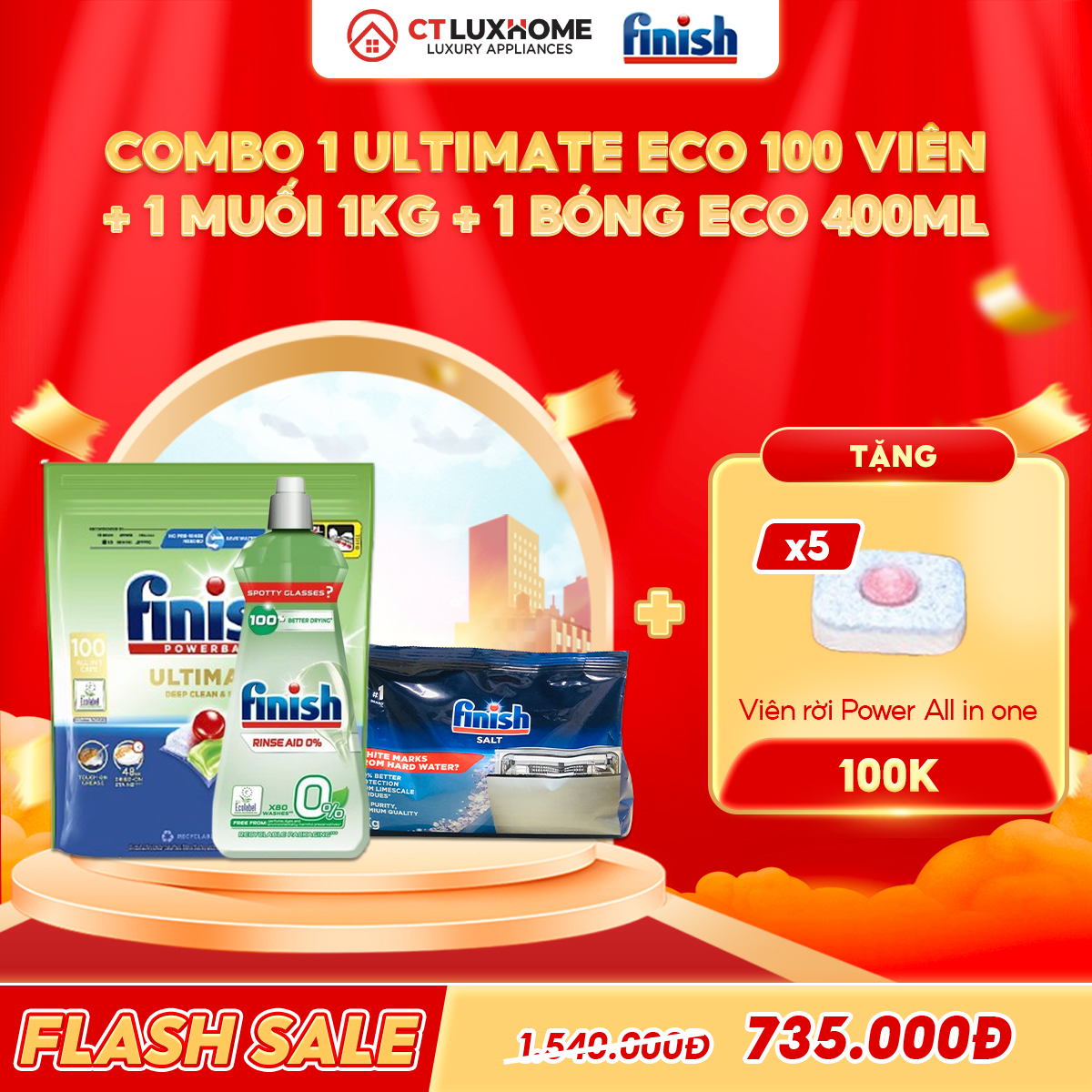 COMBO FINISH 1 Túi viên rửa Ultimate Eco 100 viên + 1 Nước bóng eco 400ml + 1 Muối 1kg