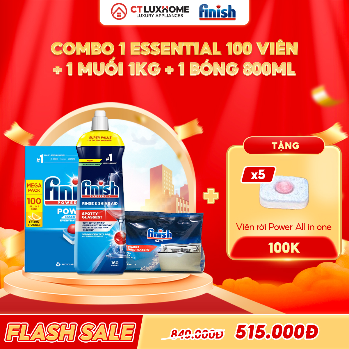 COMBO FINISH 1 Essential 100 viên + 1 Nước bóng 800ml + 1 Muối rửa bát 1kg