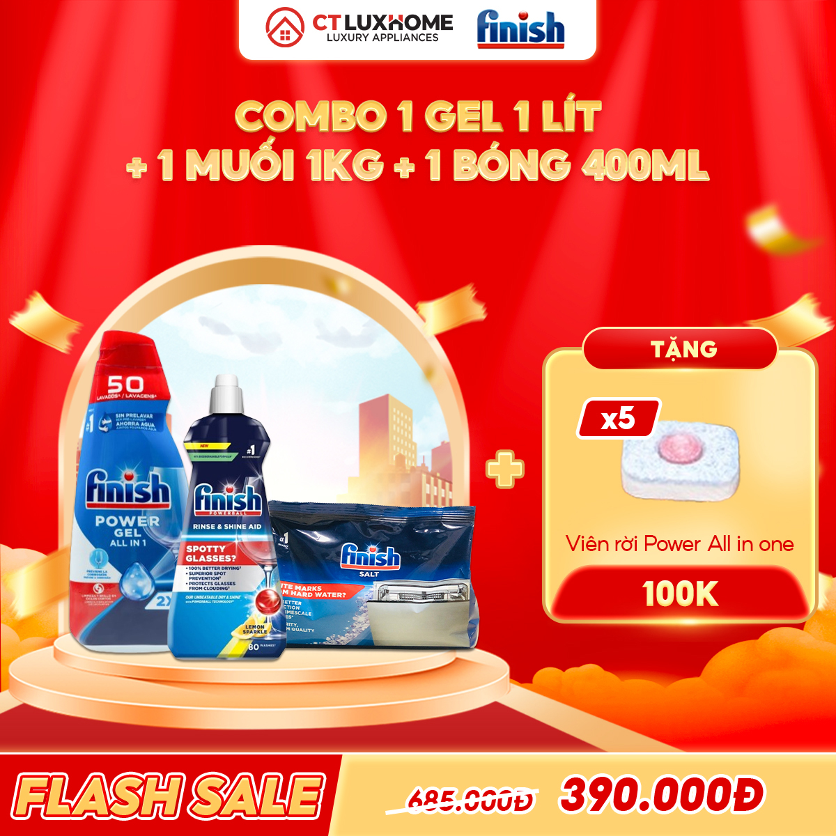 COMBO FINISH 1 Gel Power All in one 1 lít + 1 Nước bóng 400ml chanh + 1 Muối rửa bát 1kg