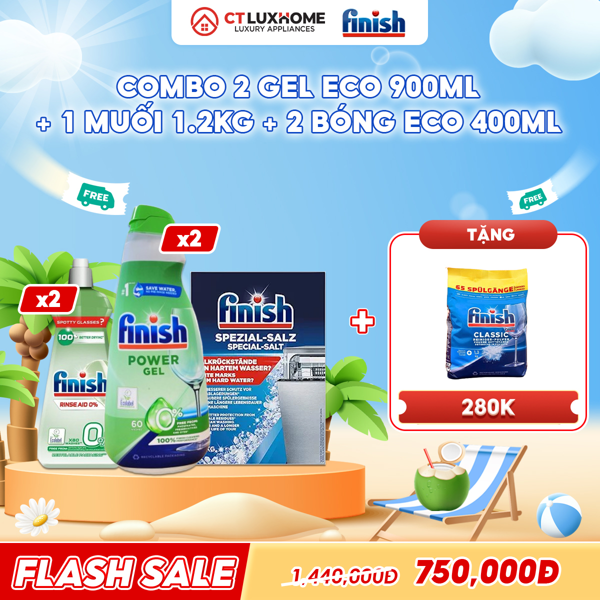 COMBO FINISH 2 Gel rửa bát Eco 900ml + 2 Nước bóng Eco 400ml + 1 Muối 1.2kg