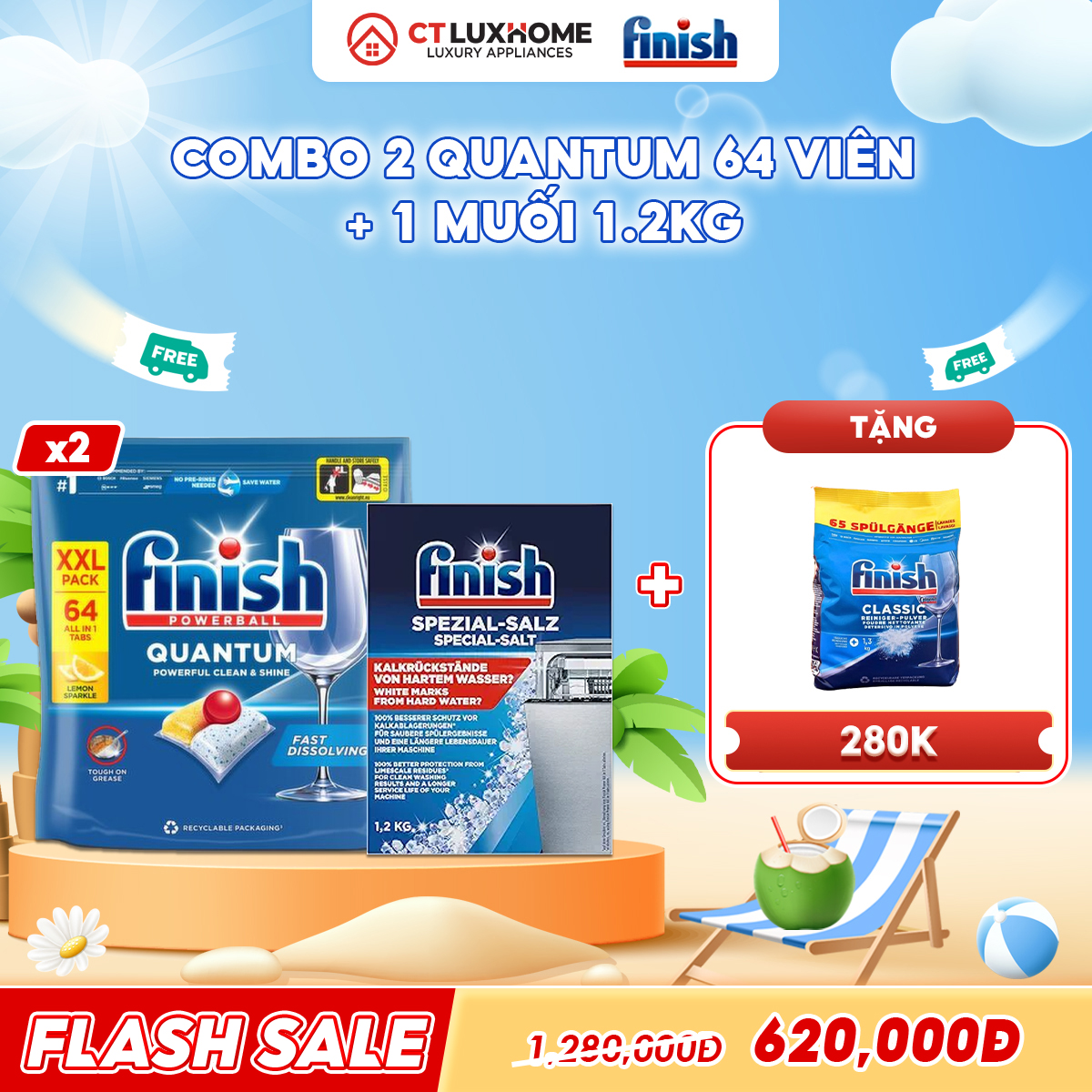 COMBO FINISH 2 Túi viên rửa bát Quantum 64 viên + 1 Muối rửa bát 1.2kg