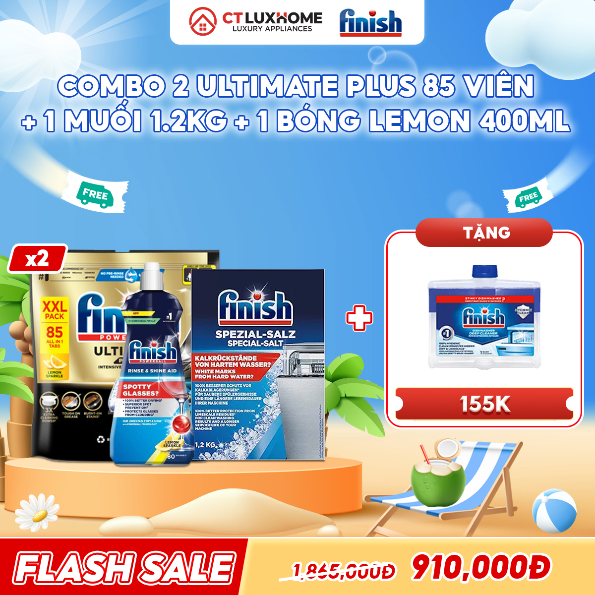 COMBO FINISH 2 Túi viên rửa bát Ultimate Plus 85 viên + 1 Nước bóng 400ml chanh + 1 Muối 1.2kg