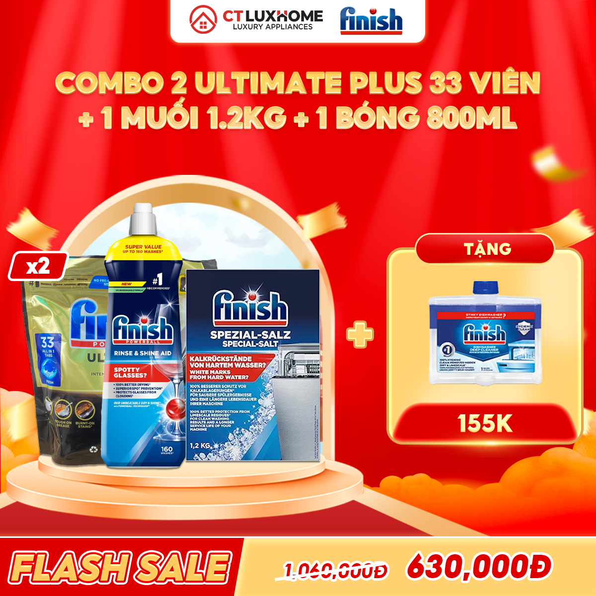 COMBO FINISH 2 Túi Ultimate 33 viên + 1 Nước bóng 800ml + 1 Muối 1.2kg