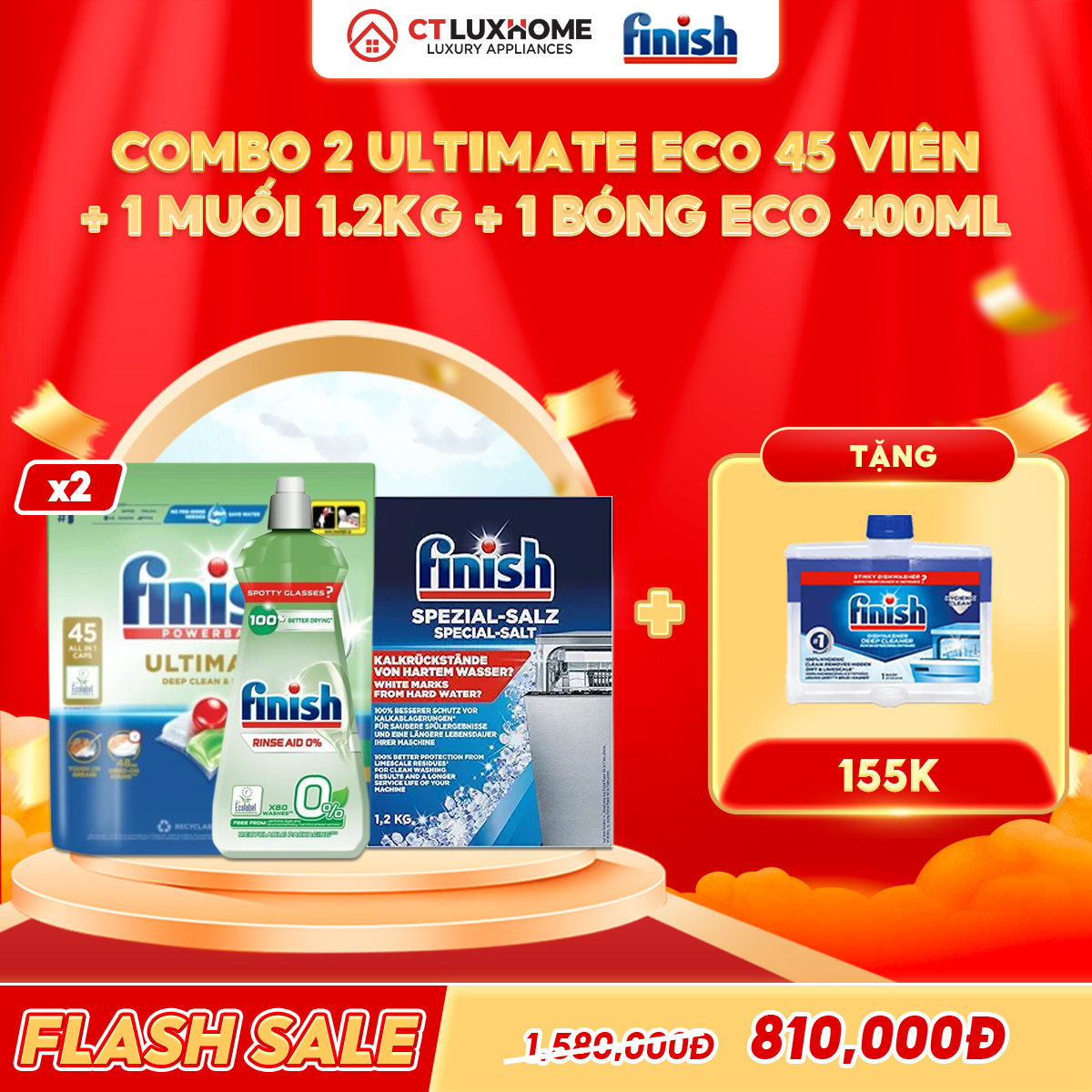 COMBO FINISH 2 Túi viên rửa bát Ultimate Eco 45 viên + 1 Nước bóng 400ml Eco + 1 Muối 1.2kg