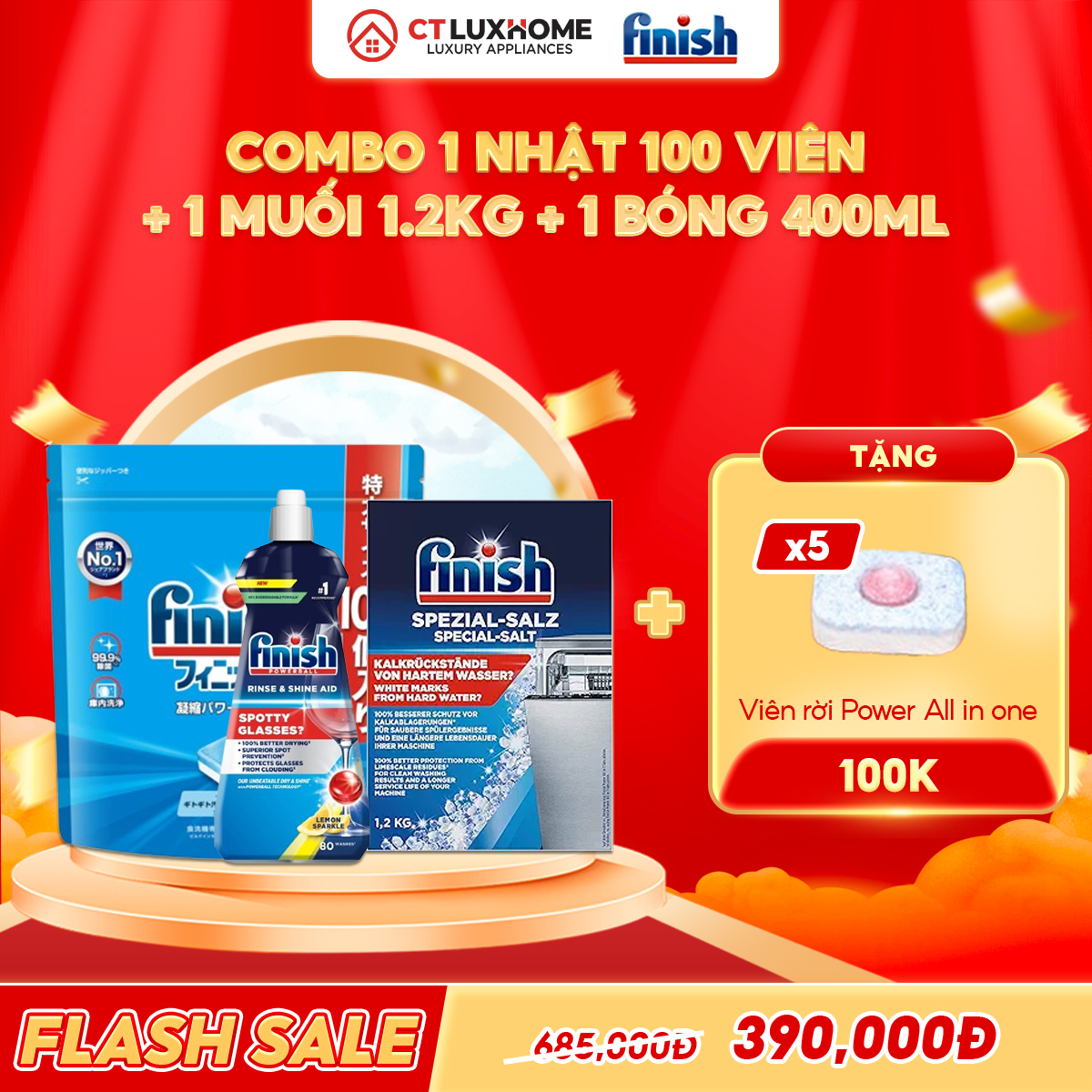 COMBO FINISH 1 Túi viên rửa bát Finish Nhật 100 viên + 1 Nước bóng 400ml chanh + 1 Muối 1.2kg