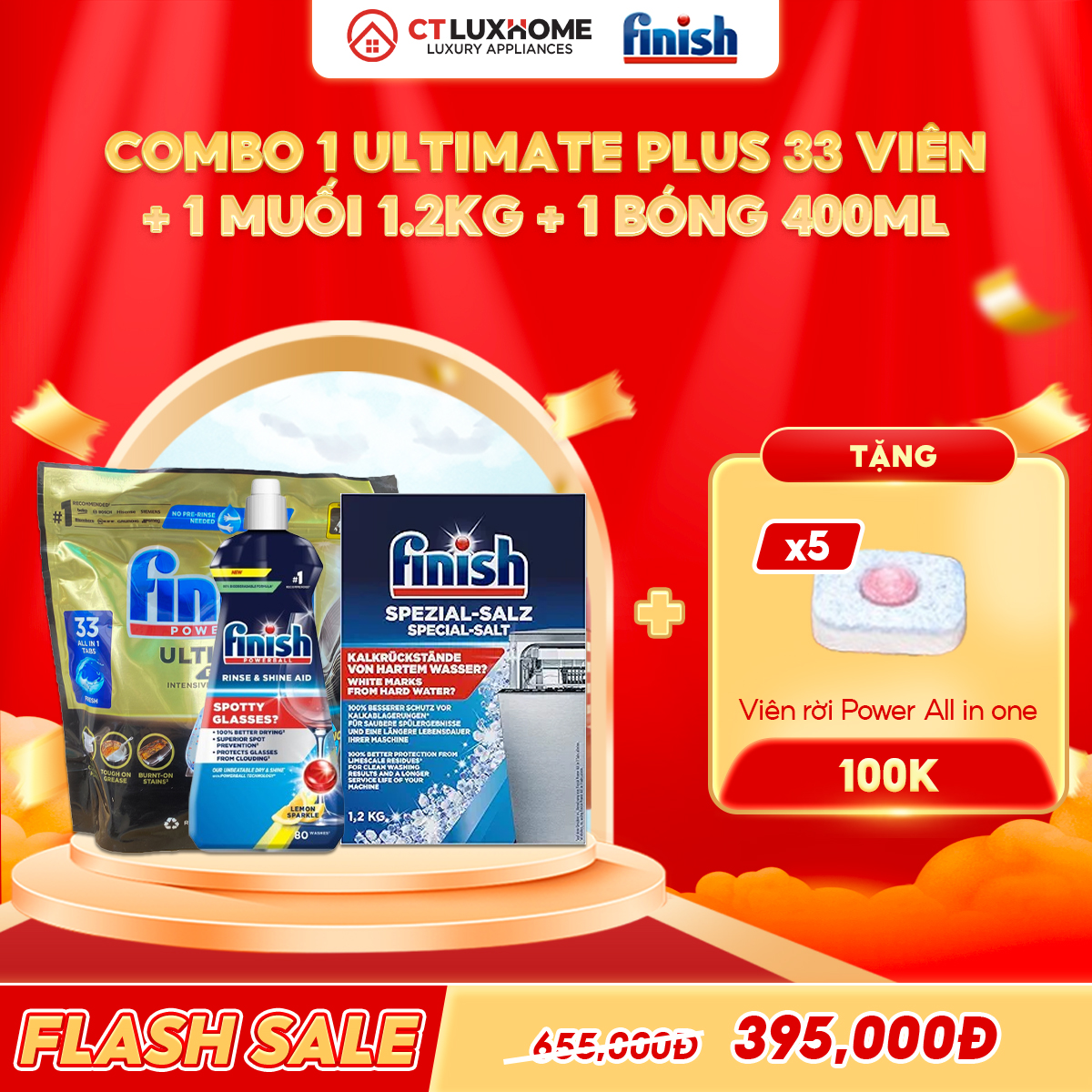 COMBO FINISH 1 Túi Ultimate 33 viên + 1 Nước bóng 400ml + 1 Muối 1.2kg