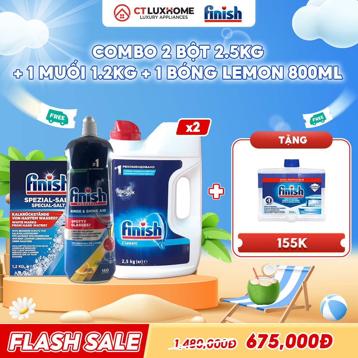 COMBO FINISH 2 Túi bột rửa bát 2.5kg + 1 Nước bóng 800ml + 1 Muối rửa bát 1.2kg