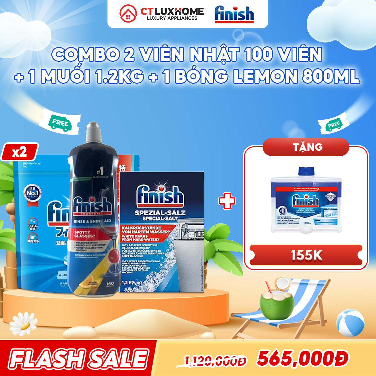 COMBO FINISH 2 Túi viên rửa bát Nhật 100 viên + 1 Nước bóng 800ml chanh + 1 Muối rửa bát 1.2kg