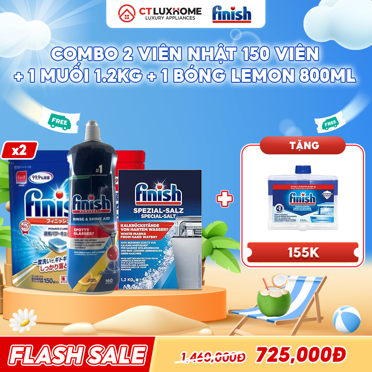 COMBO FINISH 2 Túi viên rửa bát Finish Nhật 150 viên + 1 Nước bóng 800ml chanh + 1 Muối rửa bát 1.2kg