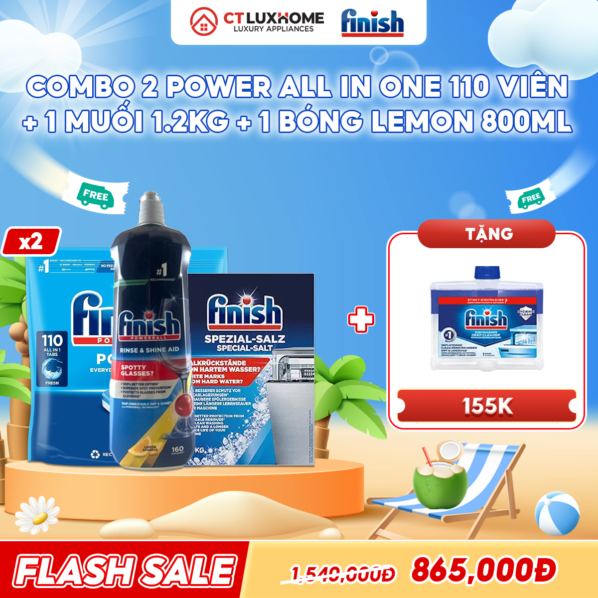 COMBO FINISH 2 Túi Power All in one 110 viên + 1 Nước bóng 800ml + 1 Muối 1.2kg
