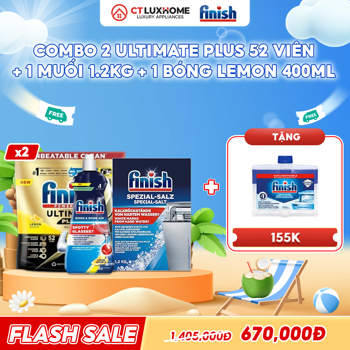 COMBO FINISH 2 Túi viên rửa bát Ultimate Plus 52 viên + Nước bóng 400ml chanh + 1 Muối 1.2kg