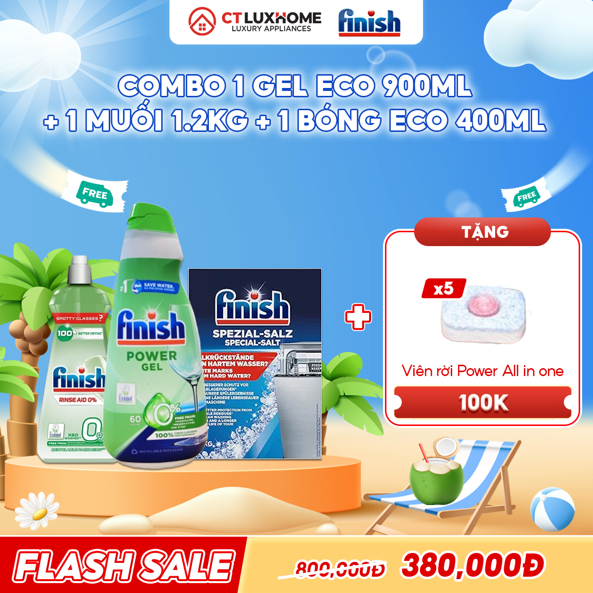 COMBO FINISH 1 Gel rửa bát Eco 900ml + 1 Nước bóng Eco 400ml + 1 Muối 1.2kg
