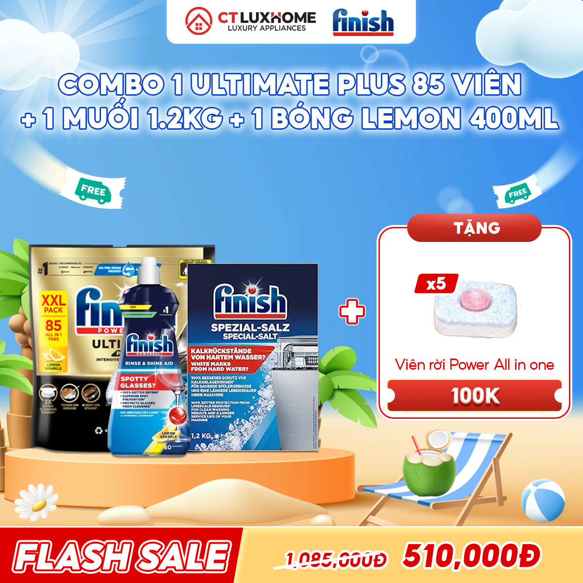 COMBO FINISH 1 Túi viên rửa bát Ultimate Plus 85 viên + 1 Nước bóng 400ml chanh + 1 Muối rửa bát 1.2kg