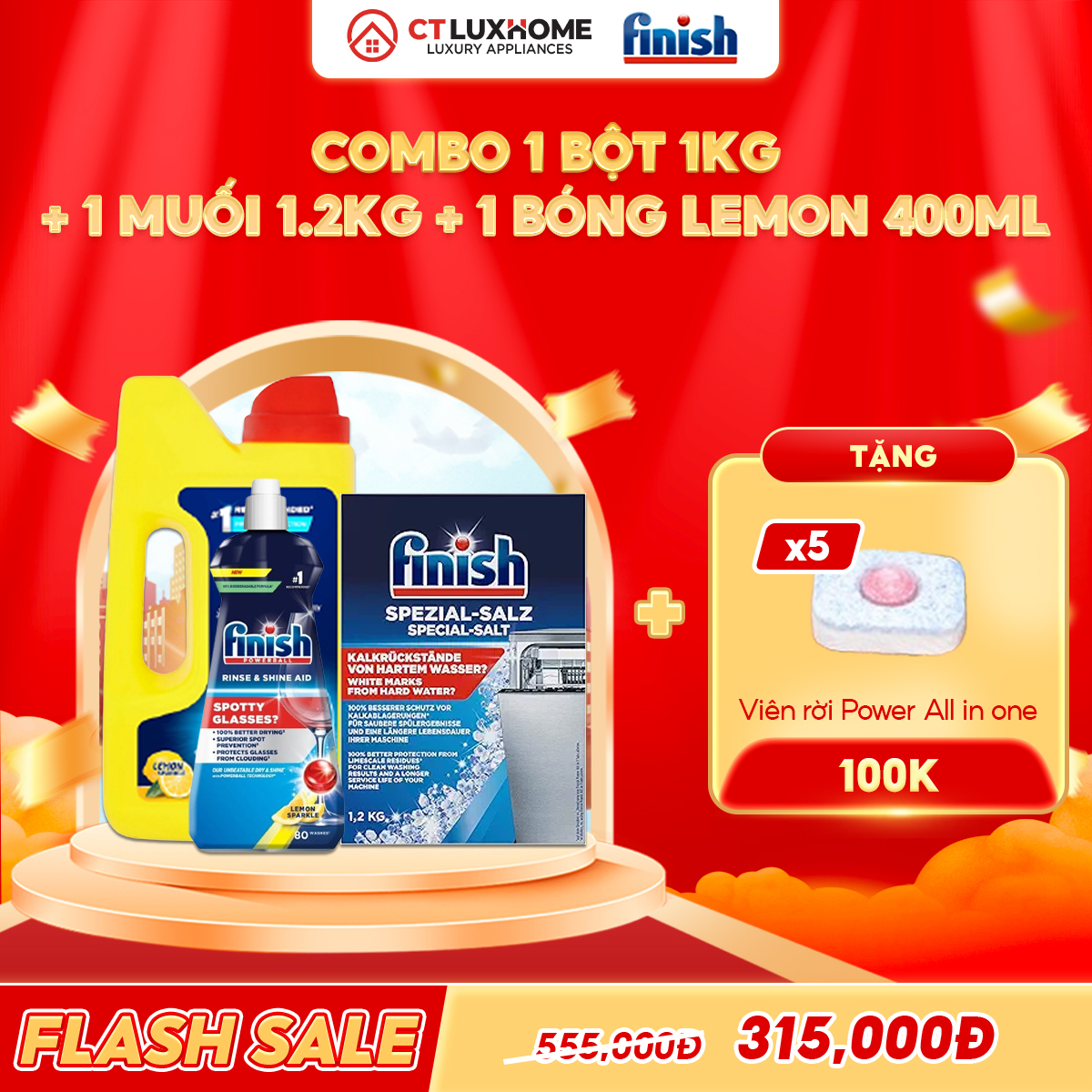 COMBO FINISH 1 Hộp bột rửa bát 1kg + 1 Nước bóng 400ml chanh + 1 Muối rửa bát 1.2kg