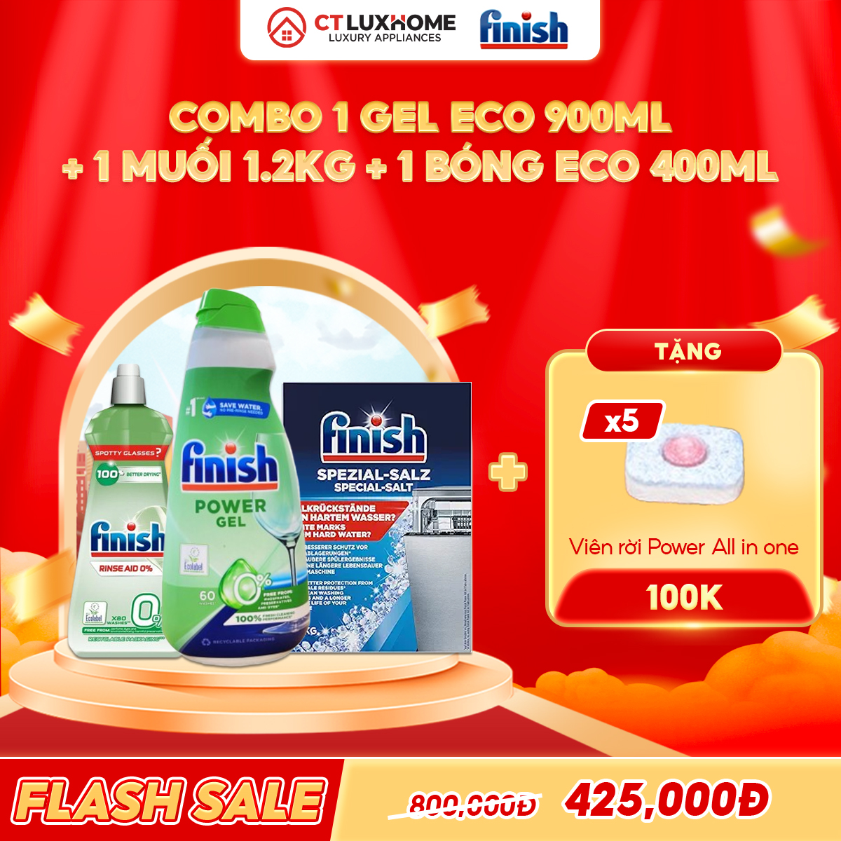 COMBO FINISH 1 Gel rửa bát Eco 900ml + 1 Nước bóng Eco 400ml + 1 Muối 1.2kg
