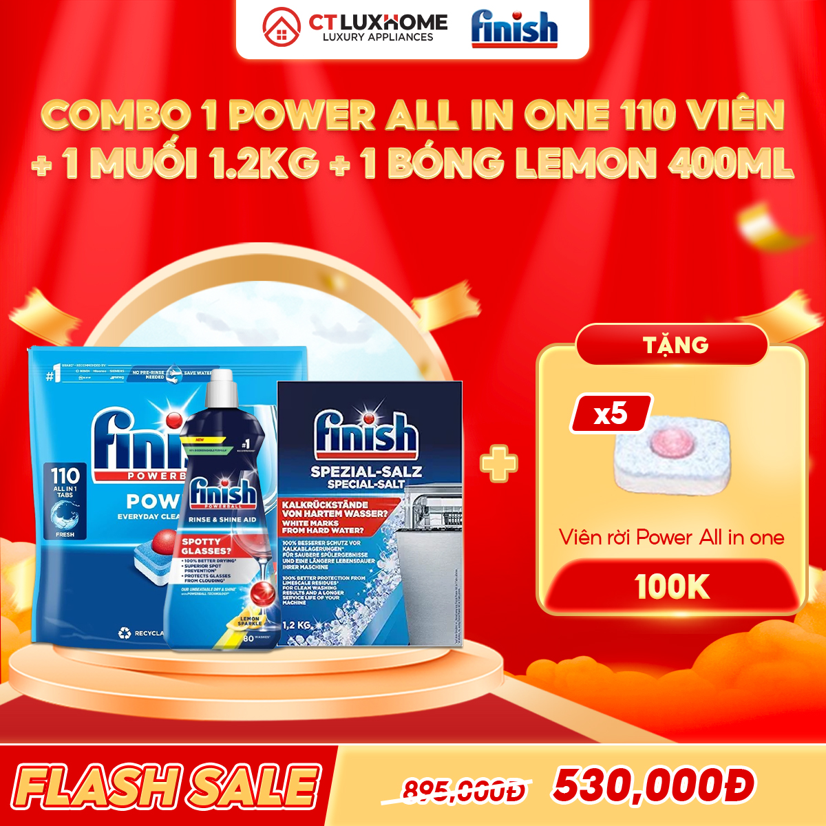 COMBO FINISH 1 Túi Power All in one 110 viên + Nước bóng 400ml chanh + Muối 1.2kg