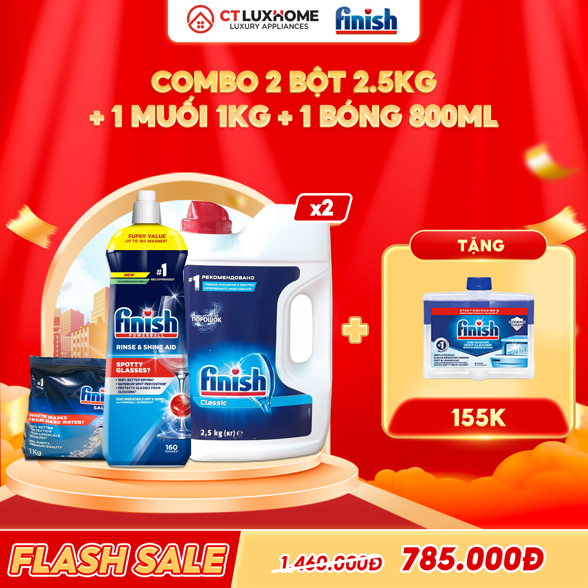 COMBO FINISH 2 Hộp bột rửa bát 2.5kg + 1 Nước bóng 800ml + 1 muối 1kg