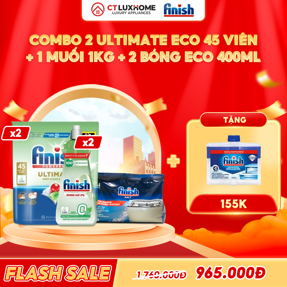 COMBO FINISH 2 Túi viên rửa bát Ultimate Eco 45 viên + 2 Nước bóng 400ml Eco + 1 Muối 1kg
