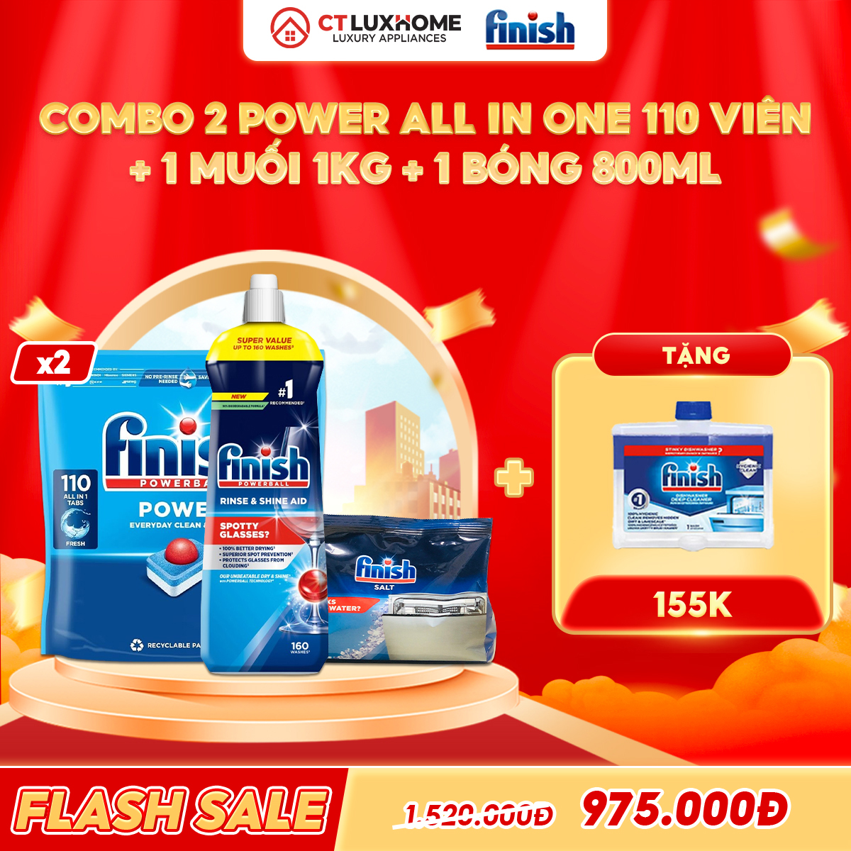 COMBO FINISH 2 Túi Power All in one 110 viên + 1 Nước bóng 800ml + 1 Muối 1kg