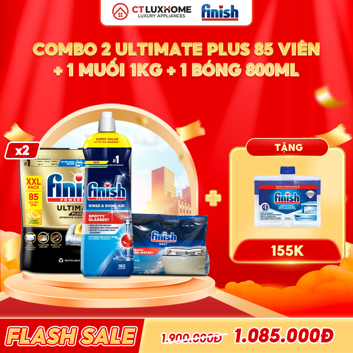 COMBO FINISH 2 Túi viên rửa bát Ultimate Plus 85 viên + 1 Nước bóng 800ml + 1 Muối 1kg