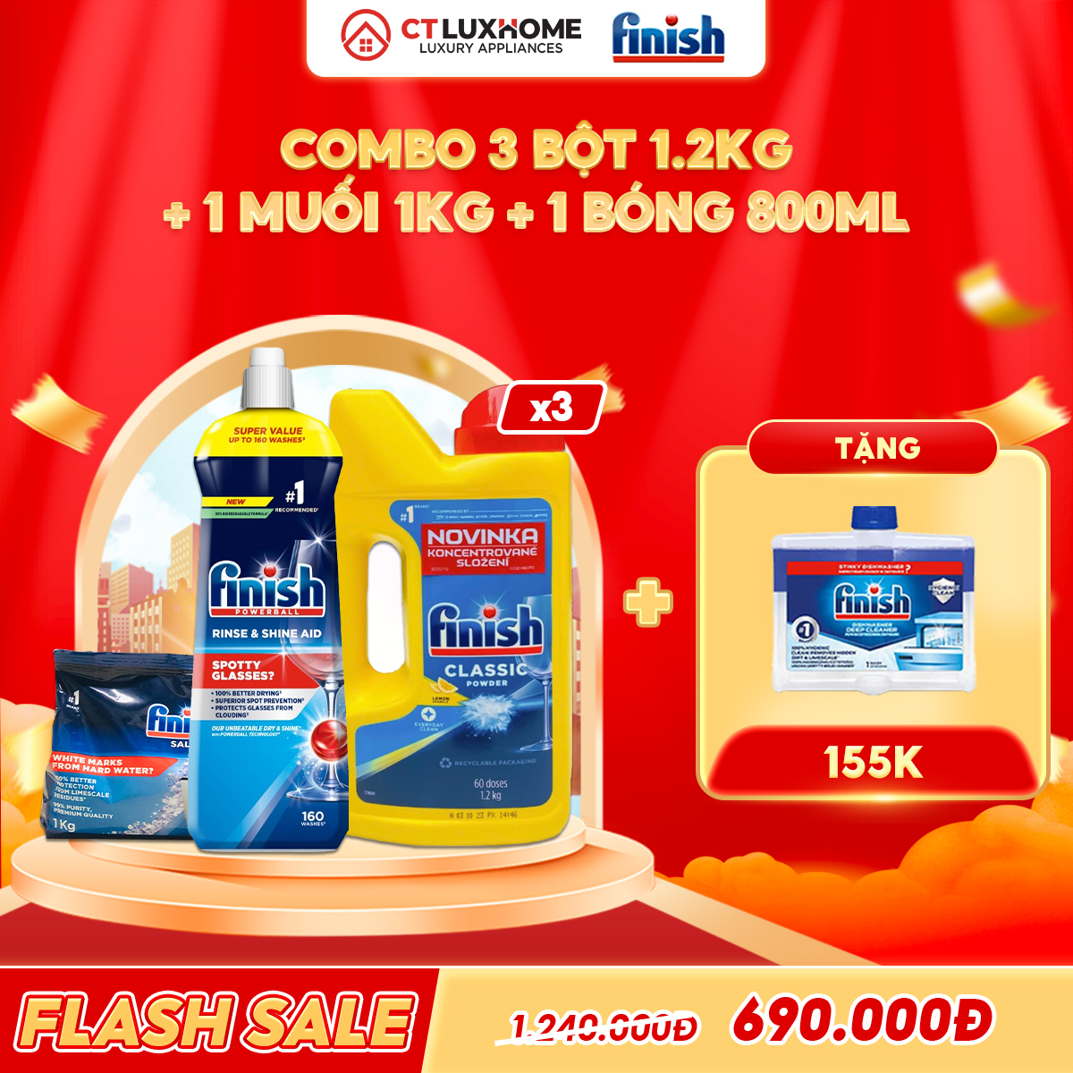 COMBO FINISH 3 Hộp bột rửa bát 1.2kg + 1 Nước bóng 800ml + 1 muối 1kg