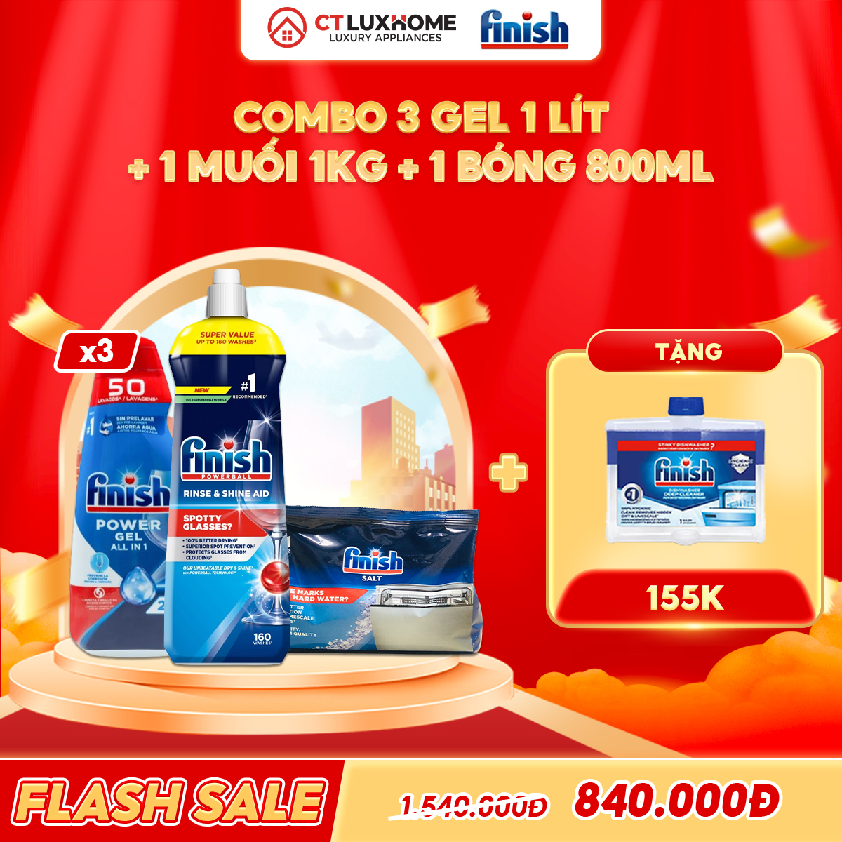 COMBO FINISH 3 Gel Power All in one 1 lít + 1 Nước bóng 800ml + 1 Muối rửa bát 1kg