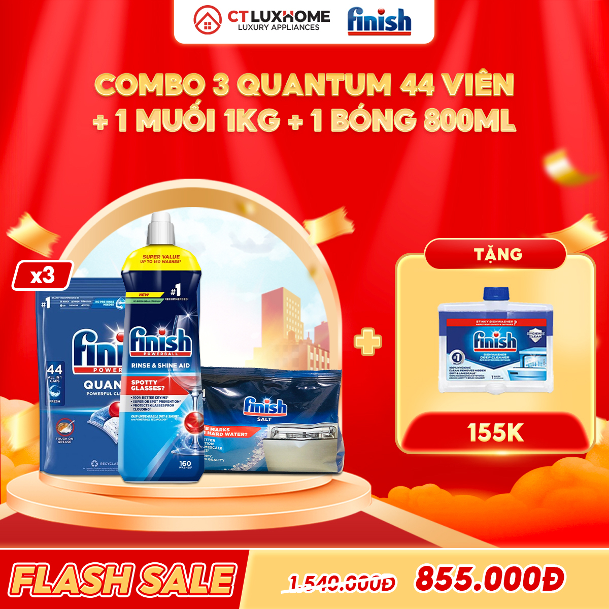 COMBO FINISH 3 Túi Viên rửa Quantum 44 viên + 1 Nước bóng 800ml + 1 muối 1kg