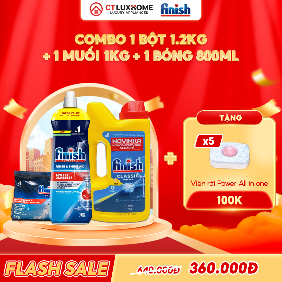 COMBO FINISH 1 Hộp bột rửa bát 1.2kg + 1 Nước bóng 800ml + 1 muối 1kg